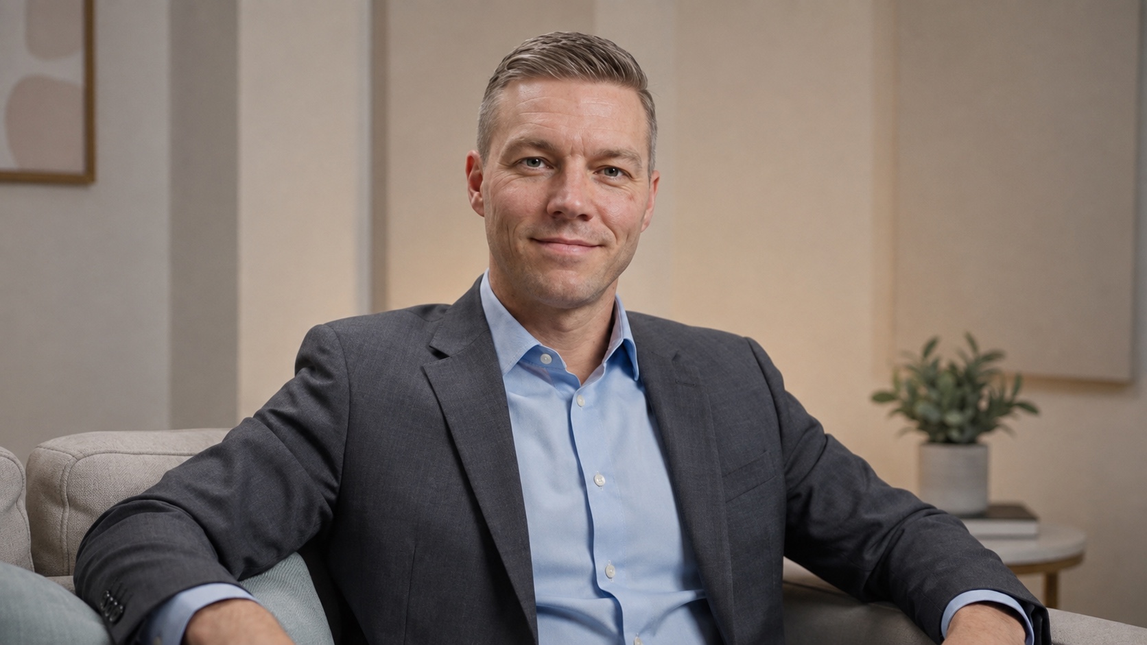Gregory Staiger seated in an office, wearing a charcoal suit and blue shirt